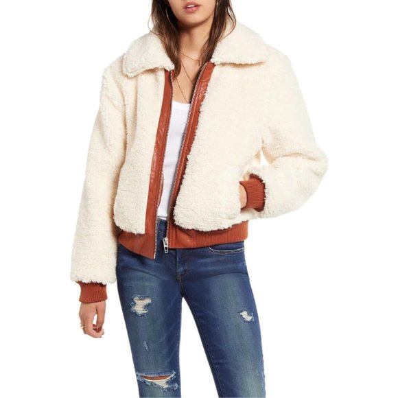 Blank NYC Jacket Faux Sherpa Leather Trim Beige Brown Full Zip - Picture 2 of 15